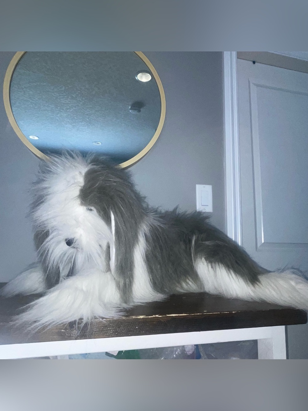 Vintage Realistic Fluffy English Sheepdog Gray White Color Large Plush